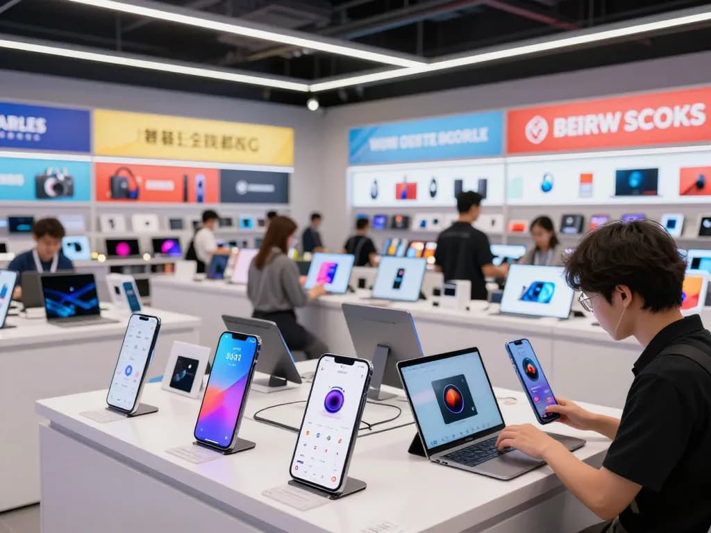 Shopping at the best widget store featuring vibrant devices and engaging displays, showcasing user-friendly interfaces.