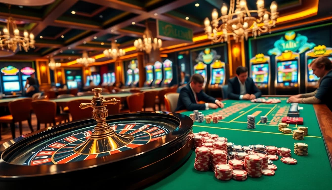 Une expérience de jeu passionnante dans un casino en ligne argent réel luxueux avec des jetons de poker et des joueurs.