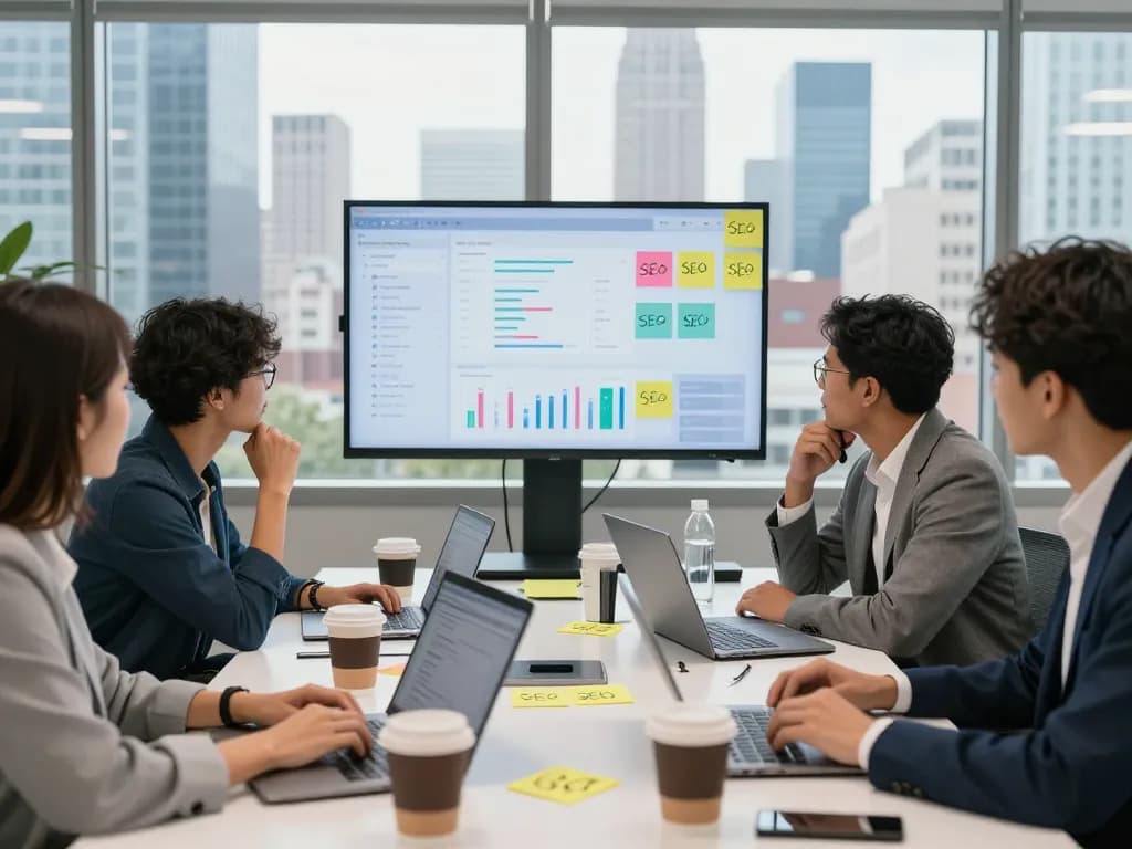 Engaging team working on New York SEO Services strategy in modern office.