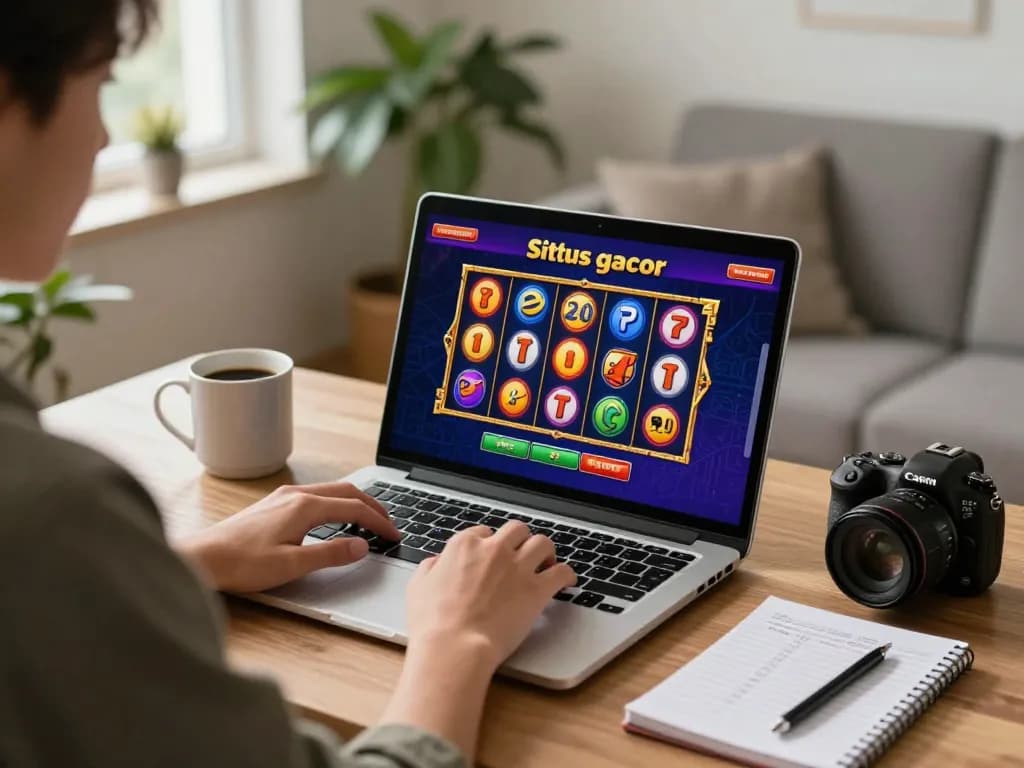 Person engaged in situs gacor online slot gaming on a laptop in a cozy home office