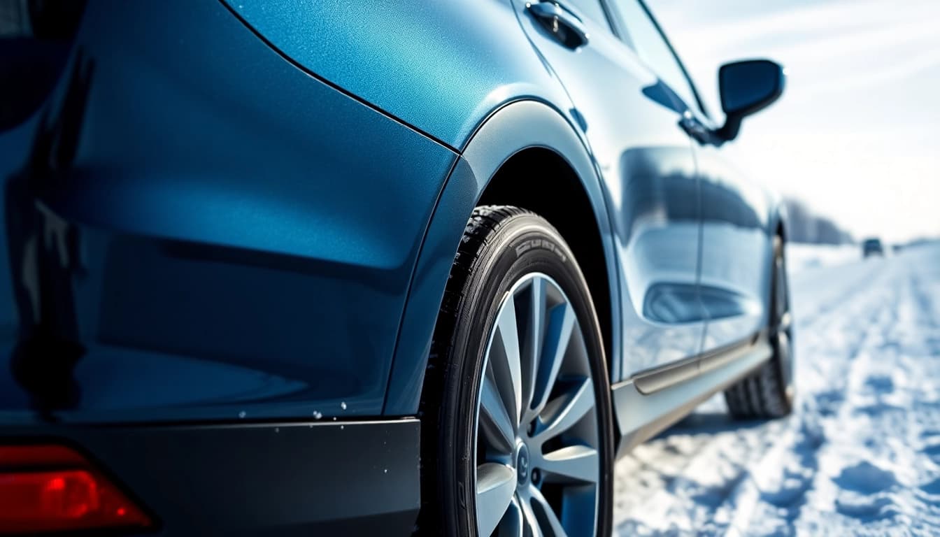 Show a vehicle with PPF winter road salt protection in snowy terrain, highlighting its gleaming surface.