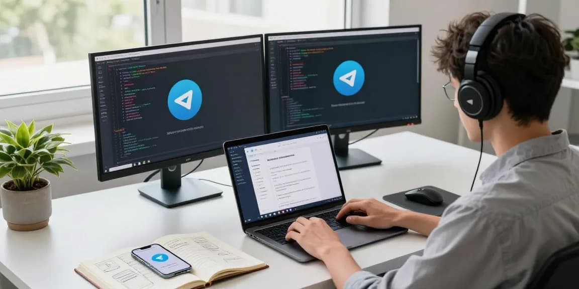 Professional workspace with Telegram中文 interface on laptop, showcasing modern tech setup and productivity tools.