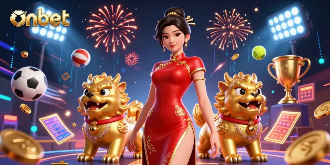 Bet and win on onbet with a glamorous woman in traditional attire surrounded by dynamic sports elements and fireworks.