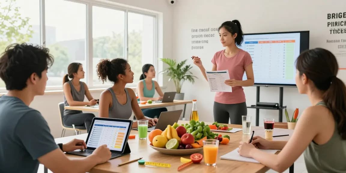 Engaged participants using the best macro tracking app in a bright fitness studio during a collaborative workshop on health.