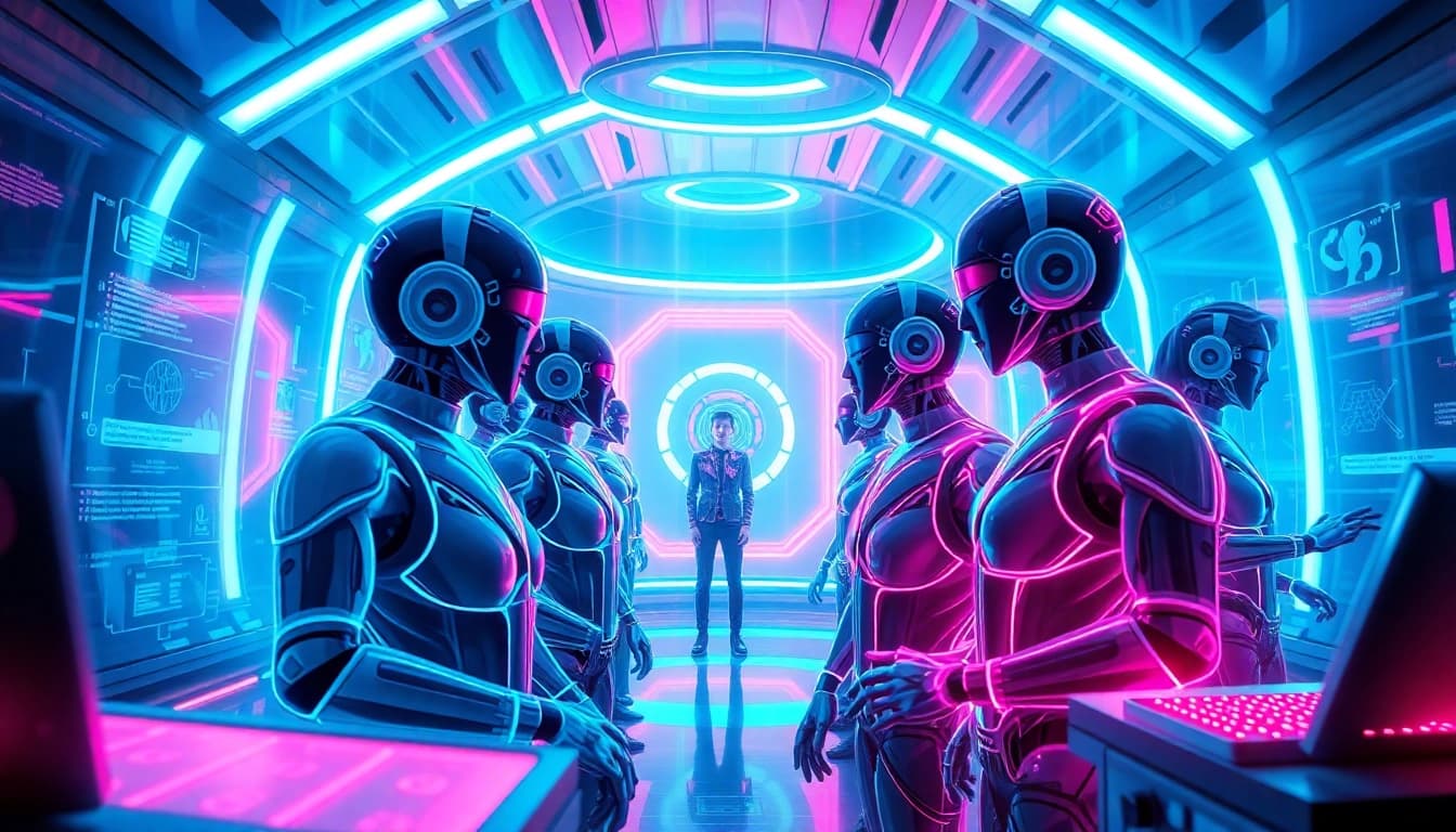 Engaging NSFW character AI dialogue in a vibrant, futuristic digital landscape.