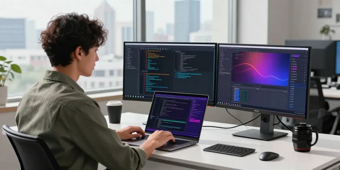 Highly engaged developer coding in a modern workspace displaying telegram中文 interfaces on dual monitors amidst a vibrant city backdrop