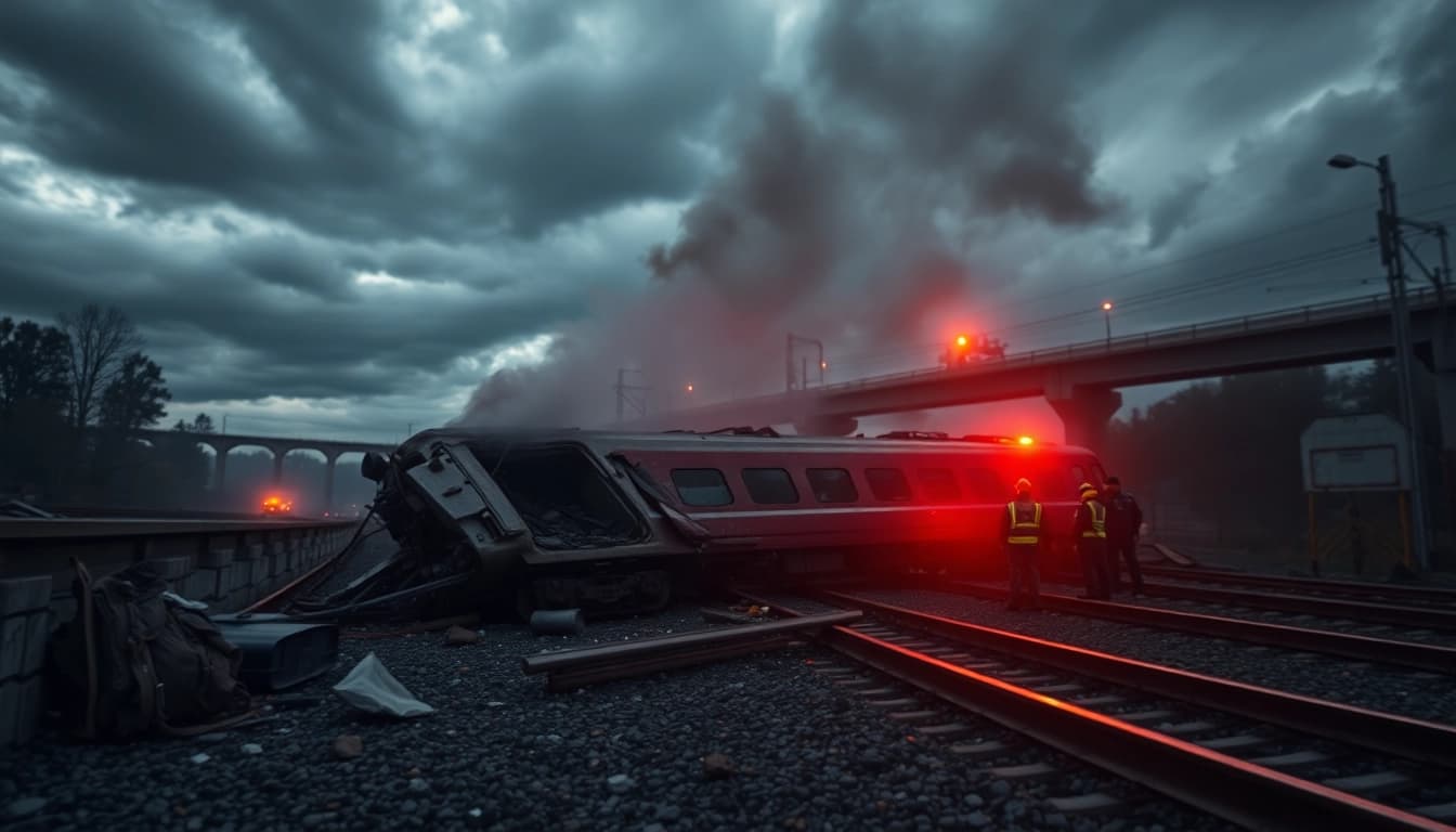 The aftermath of the spain train crash with emergency responders and wreckage visible.