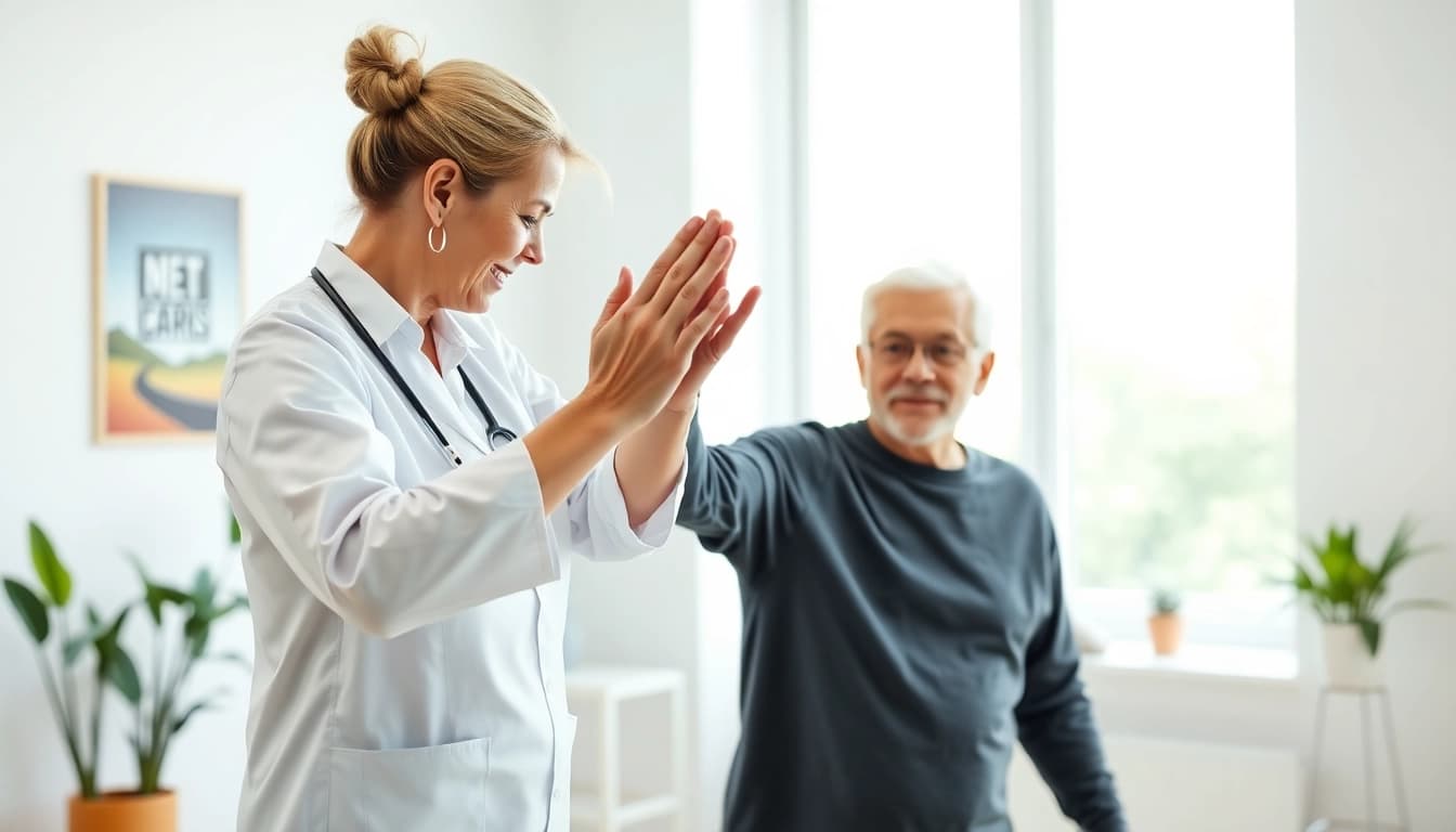 Senior physiotherapy edmonton session showing a therapist supporting an elderly patient.
