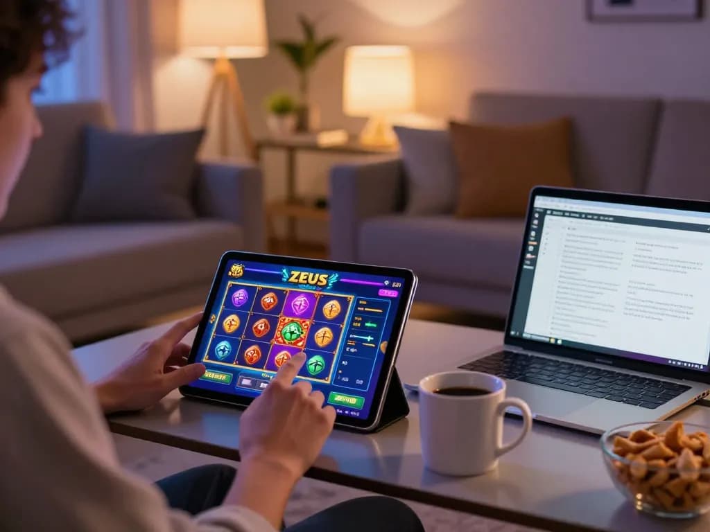 Pemain menikmati slot zeus di tablet selama sesi permainan malam di ruang tamu yang nyaman.