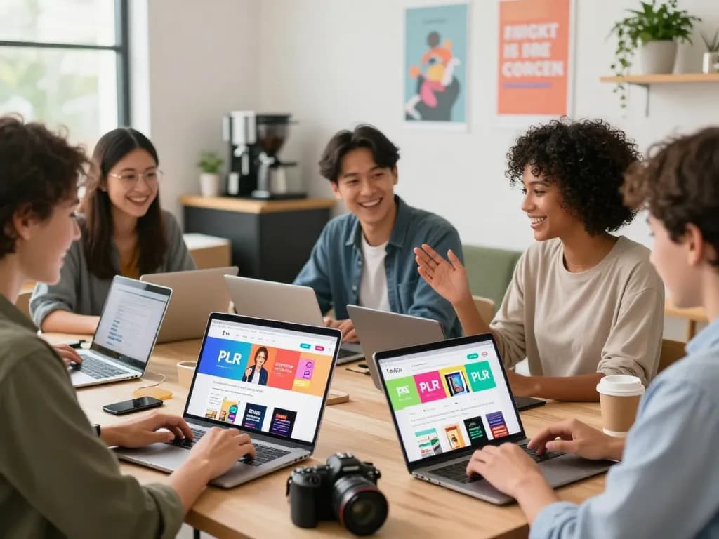 Buy PLR Products Online with engaging digital marketplace scene showcasing diverse entrepreneurs exploring vibrant e-commerce offerings.