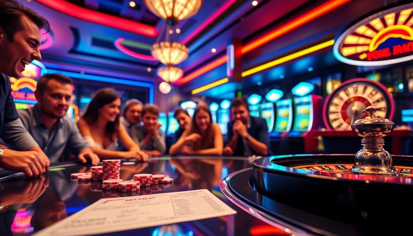 Experience the thrill of Mix Parlay betting at an upscale casino table with vibrant atmosphere.