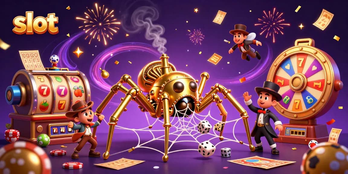 Experience thrilling slot action with a golden spider, jackpot symbols, and festive elements.