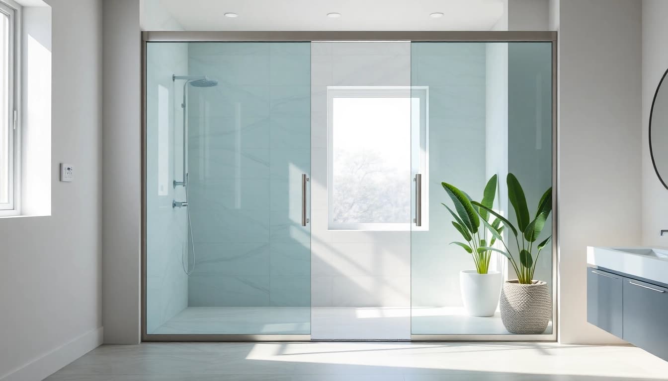 Elegant sliding shower doors transforming a modern bathroom space for seamless functionality.