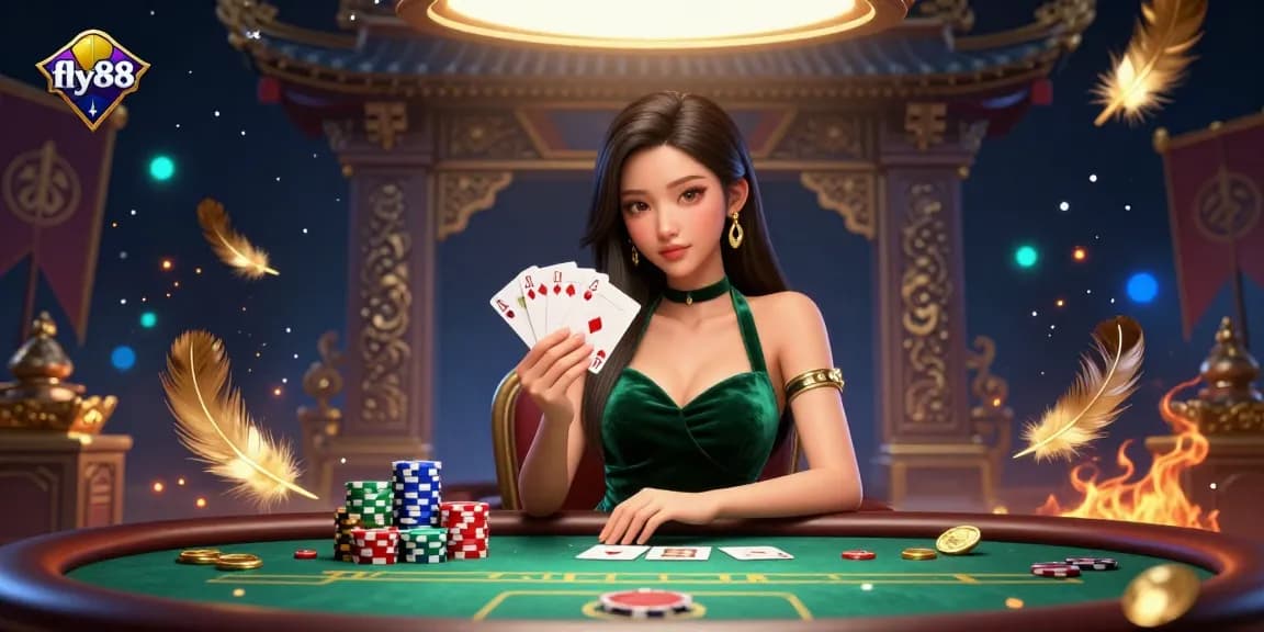 Play poker with immersive action at fly88, featuring a beautiful Asian woman at a luxury gaming table.