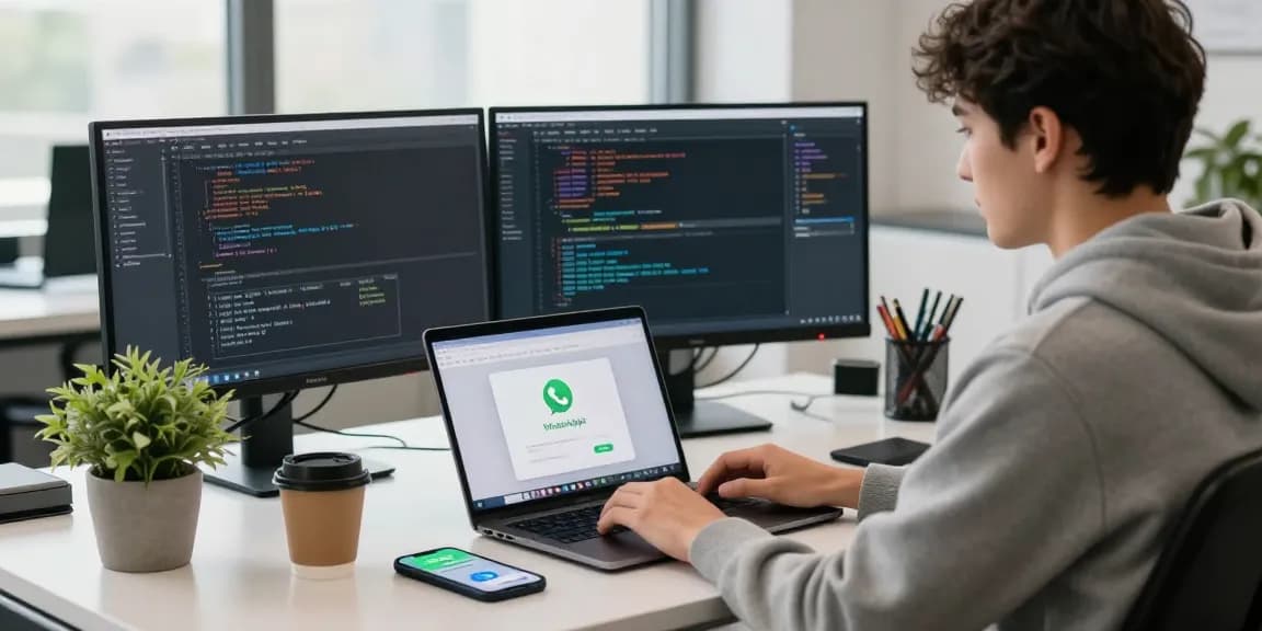 Engaging workspace with WhatsApp電腦版 open on a laptop, showing a modern tech environment.