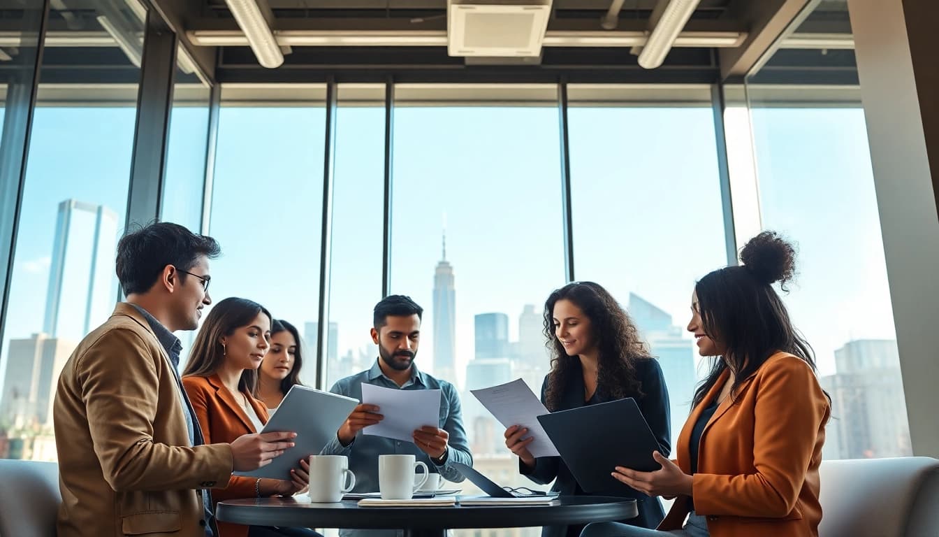 Engaged professionals discussing new york jobs in a bright office featuring the New York skyline.
