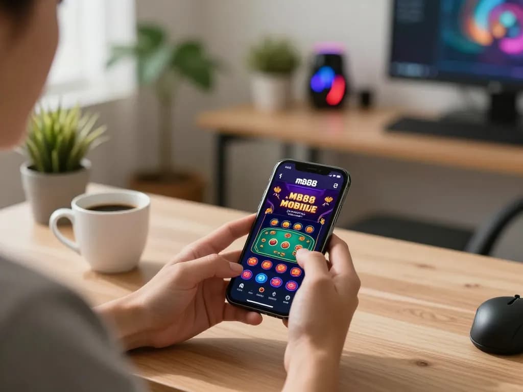 Person enjoying online gambling on mb88 app in a cozy home setting.