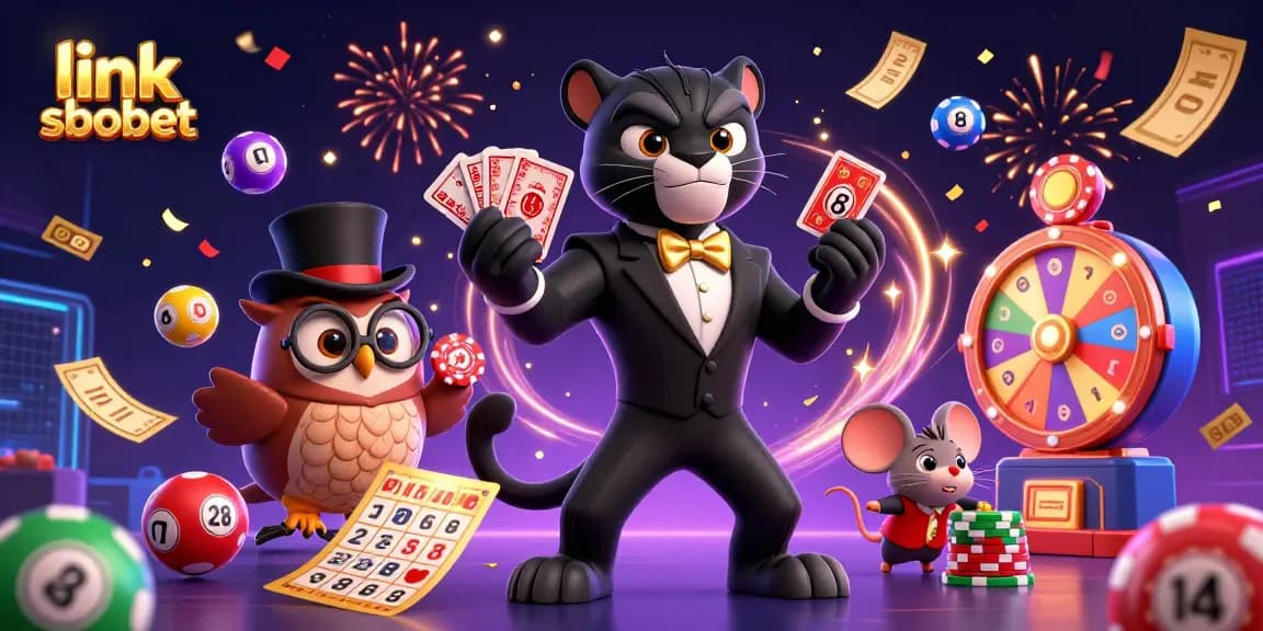 Experience exciting gameplay with link sbobet, featuring a tuxedo panther, hat owl, and chip mouse.