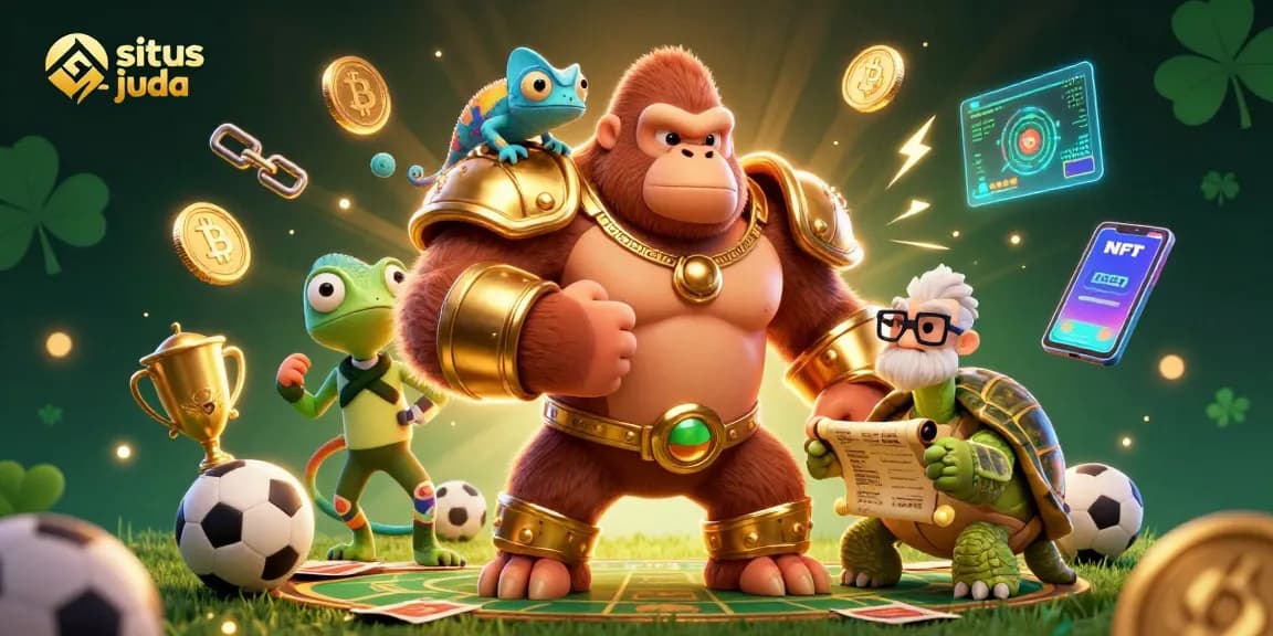 Engage with situs judi bola action featuring a gorilla king and a chameleon spy amid dynamic sports betting elements.