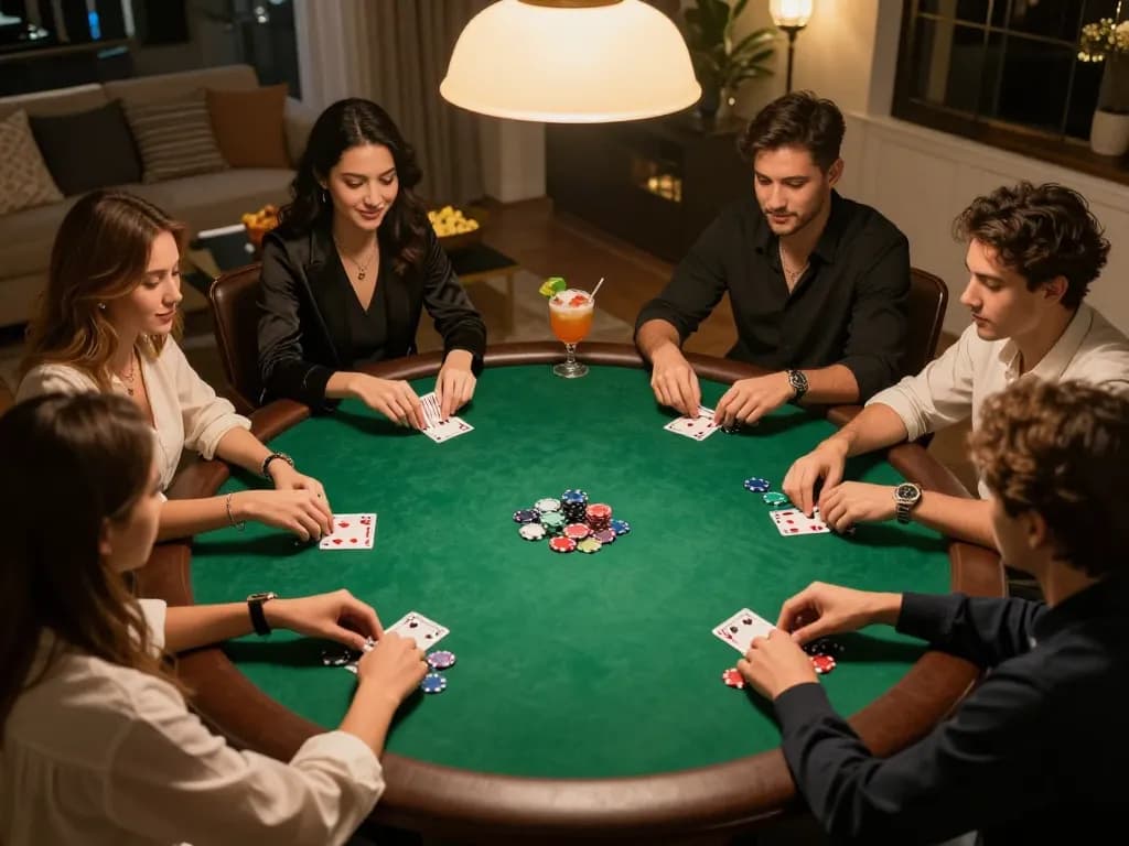 Fly88 players enjoy an exciting home poker game with vibrant colors and friendly competition.