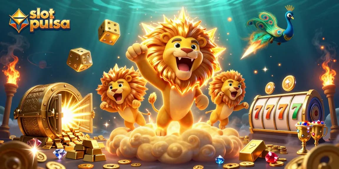 Permainan slot pulsa yang menarik dengan kartun singa bersinar di atas awan emas, dikelilingi harta berkilau.