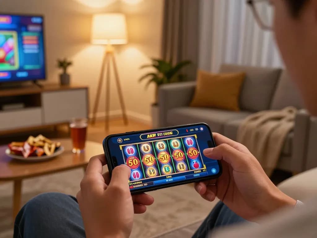 Engaging mobile gaming scene showcasing apk slot bet 50 perak deposit 5000 interface in a cozy setting