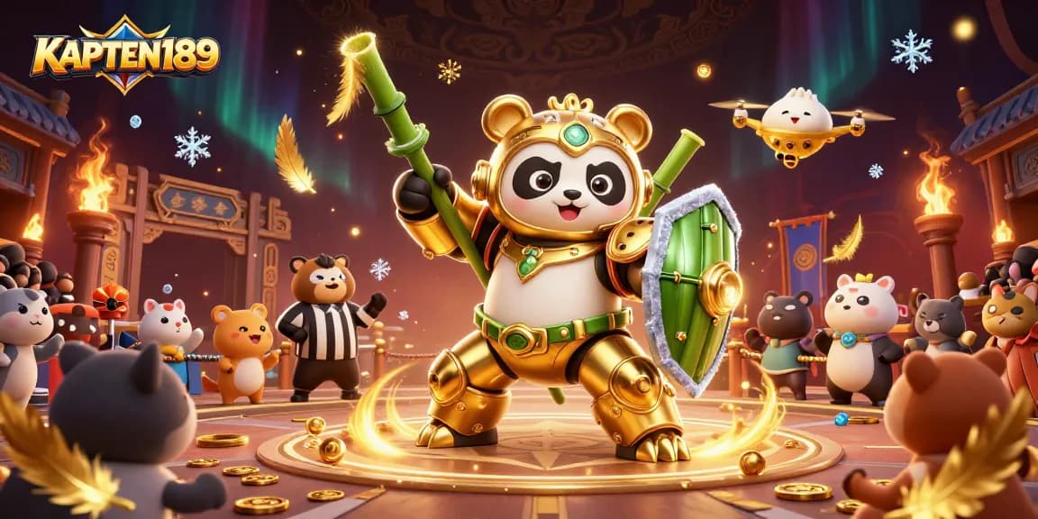 KAPTEN189 menghadirkan aksi slot dengan panda emas bertarung di arena yang penuh ornamen.