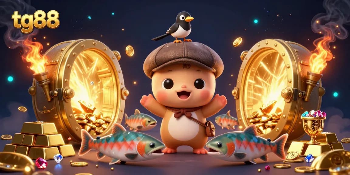 Experience the excitement of tg88 with cartoon characters enjoying a rich treasure scene full of casino elements.