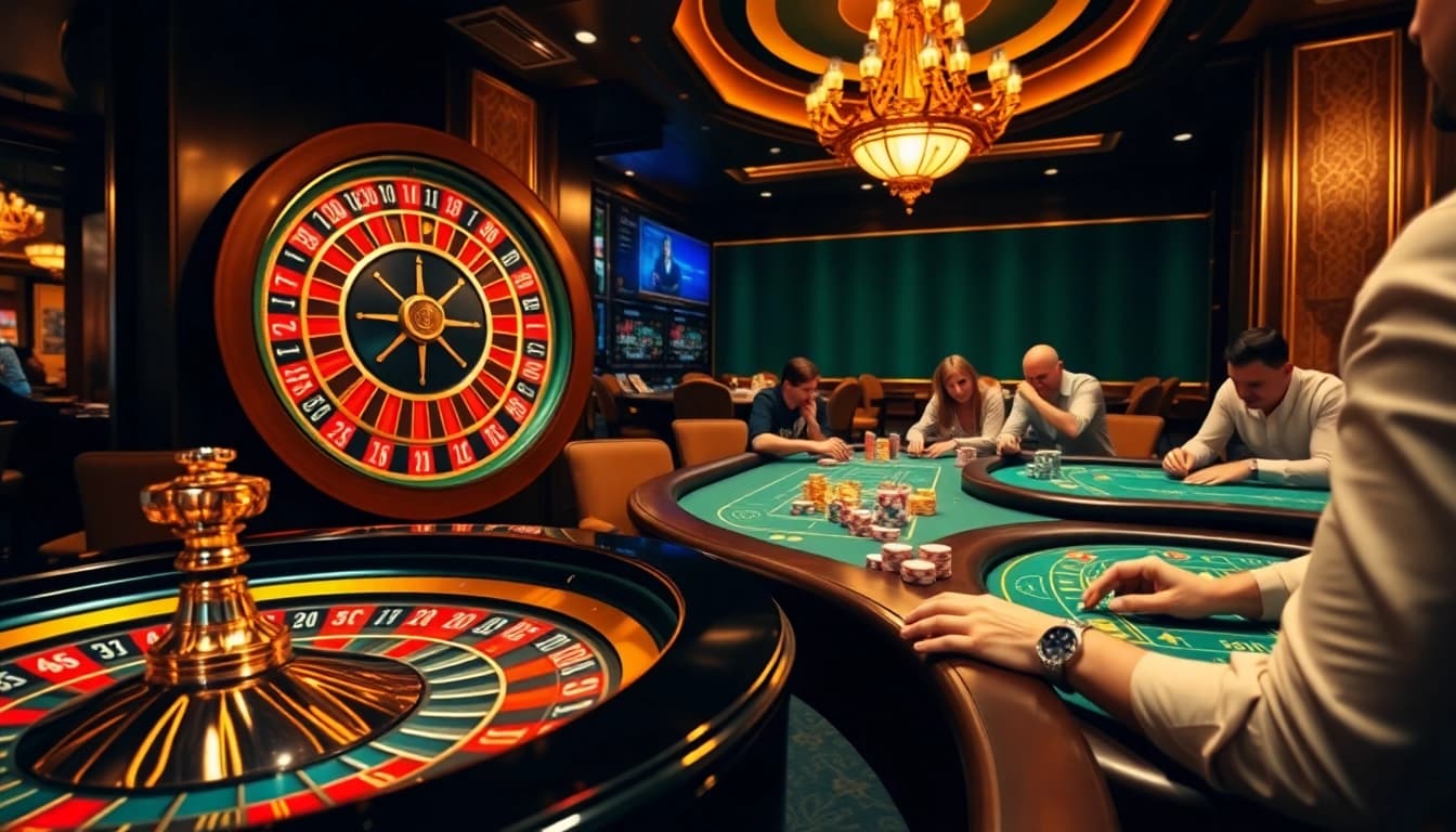 Découvrez le frisson du site de casino en ligne avec une scène de casino vibrante mettant en avant des jetons de poker et une roulette.