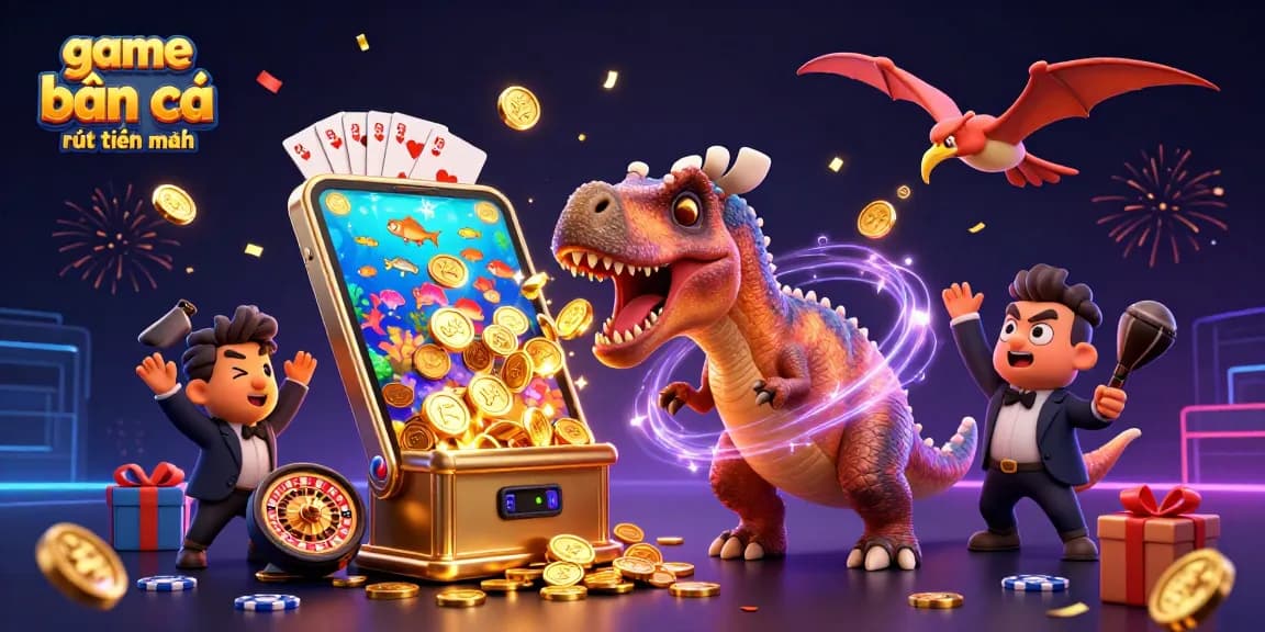 Game bắn cá rút tiền mặt illustration showcasing dynamic fish shooting action with vibrant visuals and excitement.