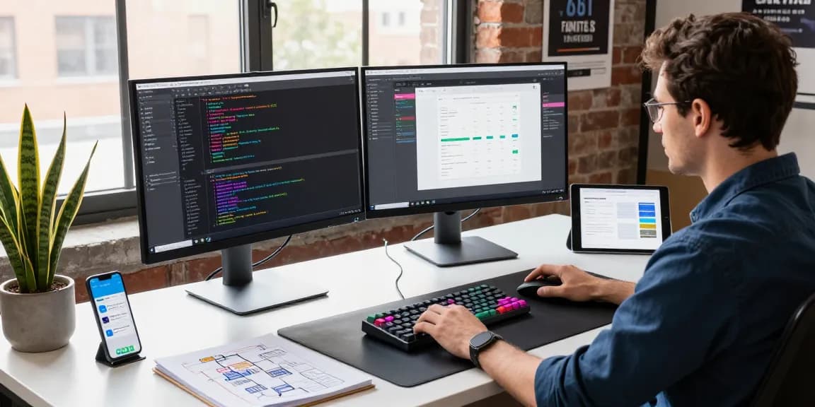 Developer coding at a workspace, showcasing telegram中文 app interface design for software development