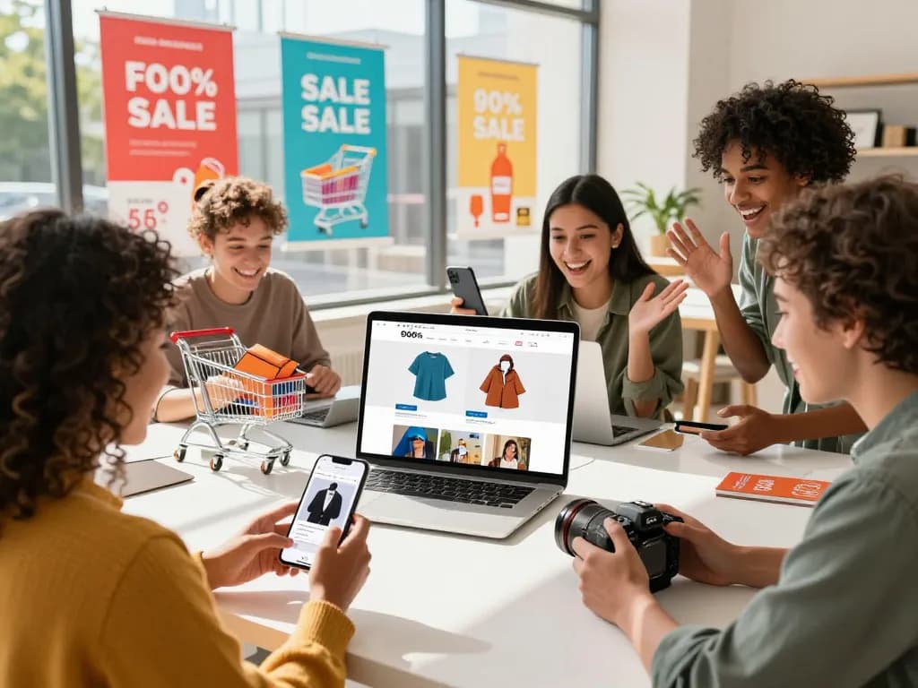 Engaging e-commerce scene showing customers excitedly shopping online at hubet88 with devices, vibrant promotional banners.