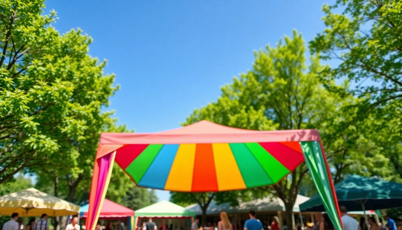 Enjoying shade under a pop up canopy during a lively outdoor event.