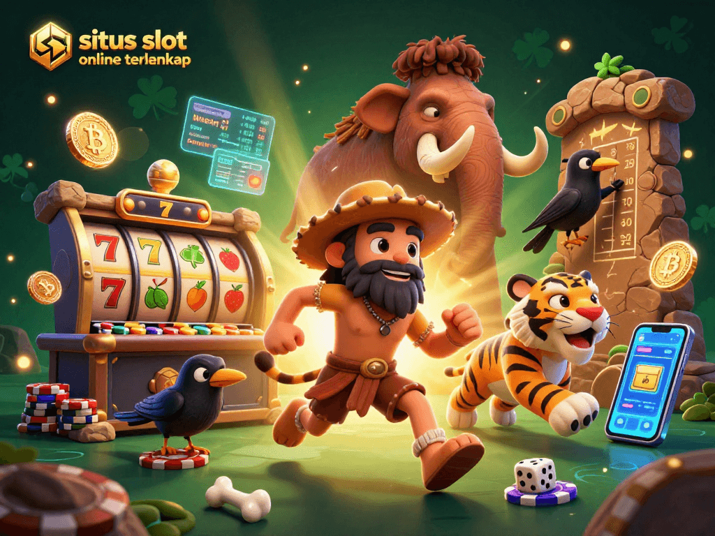 Menang besar di situs slot online terlengkap dalam ilustrasi kasino prasejarah dengan karakter menarik.