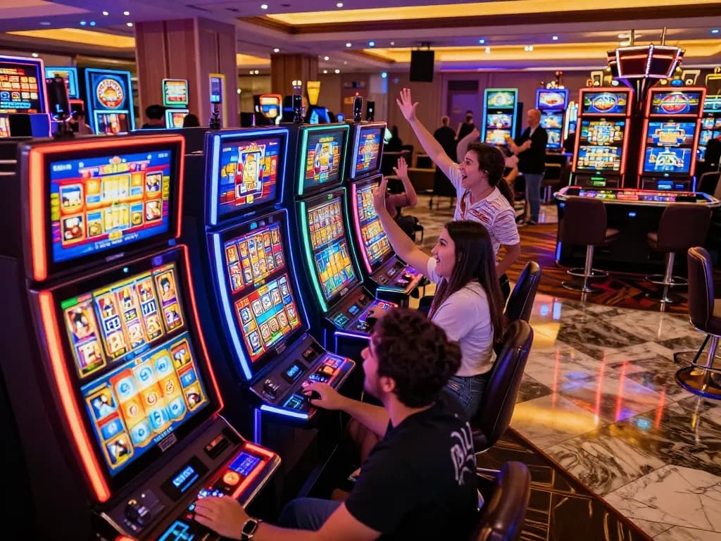 Engaged players spinning slot777 machines in a lively casino atmosphere, celebrating victories.
