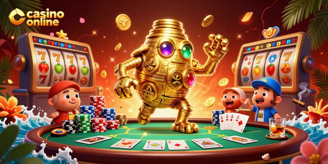 Joacă sloturi după celebrarea câștigurilor la casino online cu simboluri strălucitoare și golem din monede de aur.