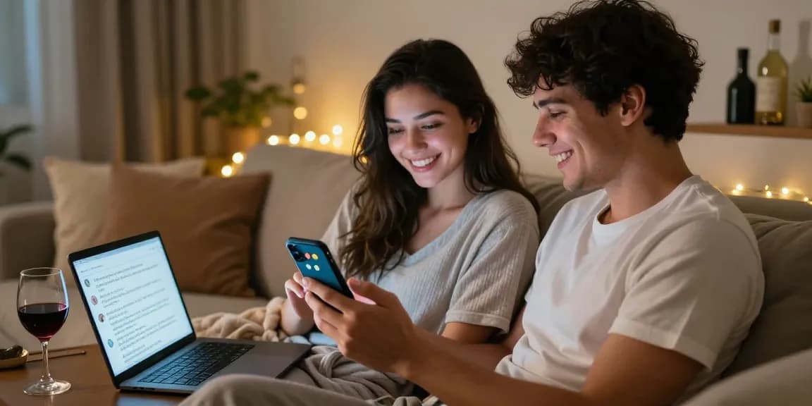 Couple using sexting AI apps to flirt on smartphones in a cozy setting.