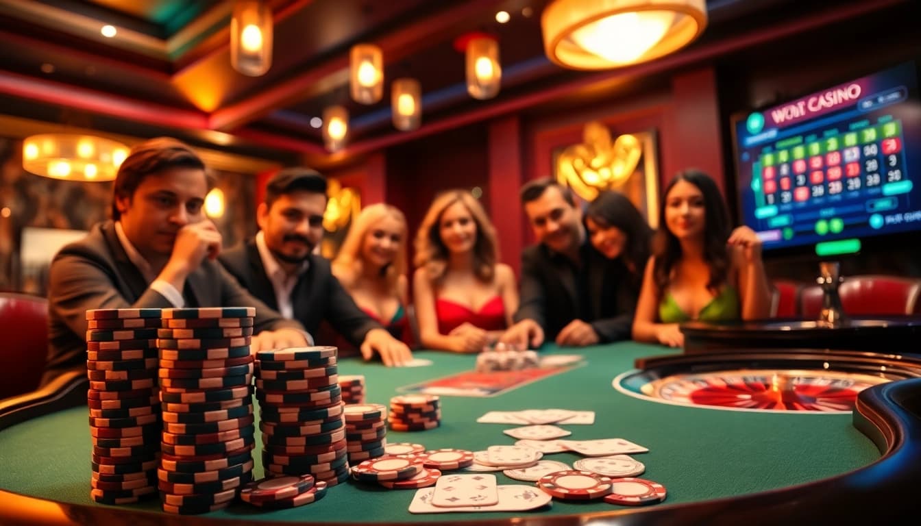 Découvrez l'excitation d'un site de casino en ligne avec des joueurs engagés à une table de poker à enjeux élevés.