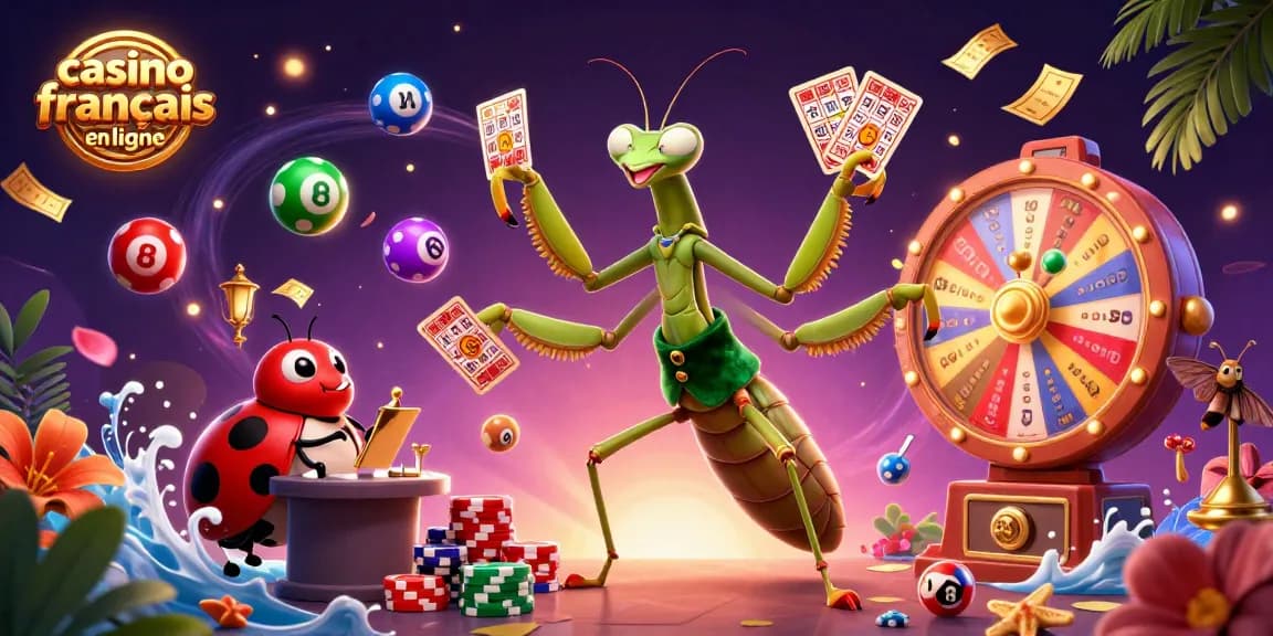 Initiez-vous au casino français en ligne avec une scène animée de jeux de cartes et de loteries.