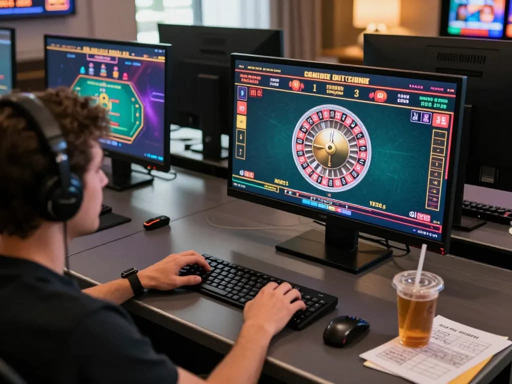 Agen Casino Online platform showing a person playing live dealer roulette in a vibrant gaming setup.