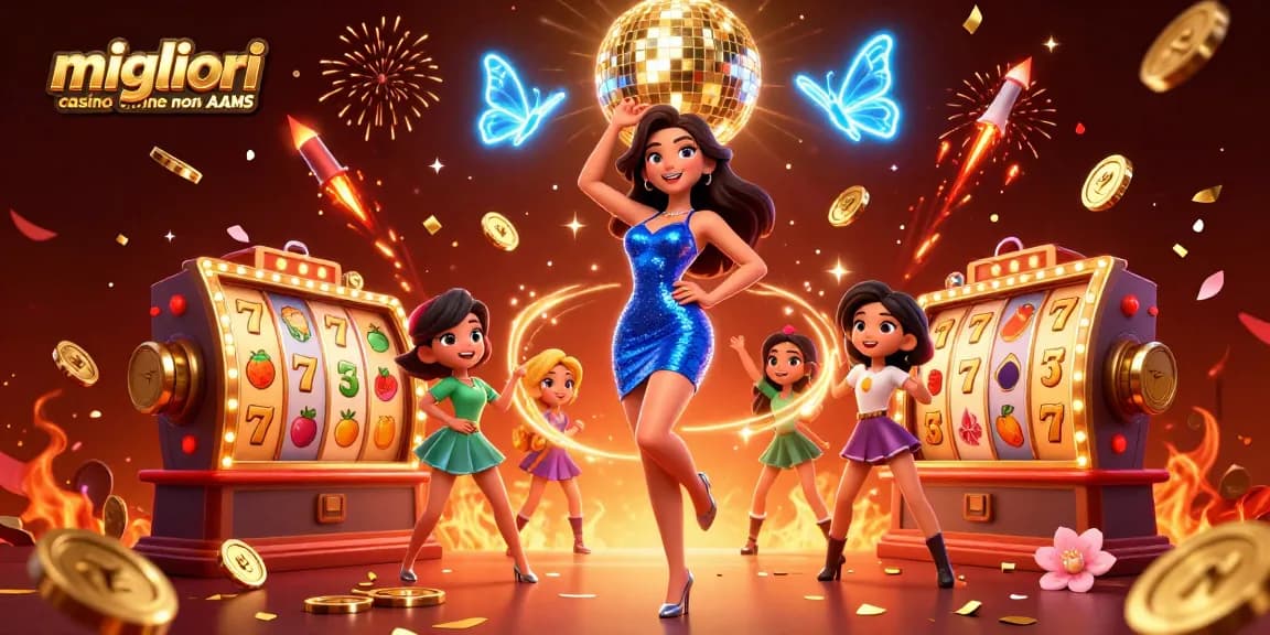 I migliori casino online non AAMS mostrano rulli di slot vivaci e una ballerina glamour in mezzo a elementi festivi