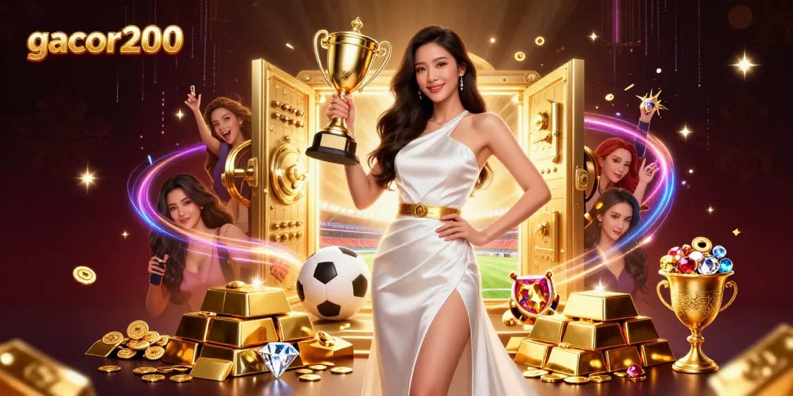 Experience excitement with gacor200 as a victorious player holds a trophy surrounded by casino treasures.