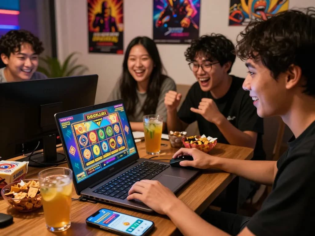 Grup menikmati sesi permainan slot gacor hari ini yang mendebarkan di laptop dengan camilan dan minuman.