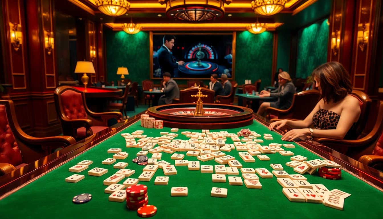 Memancing pemain dalam permainan link mahjong yang dikelilingi elemen kasino mewah.