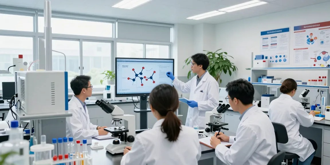 Team of researchers at swiss chems labs collaborating on peptide synthesis in modern laboratory.