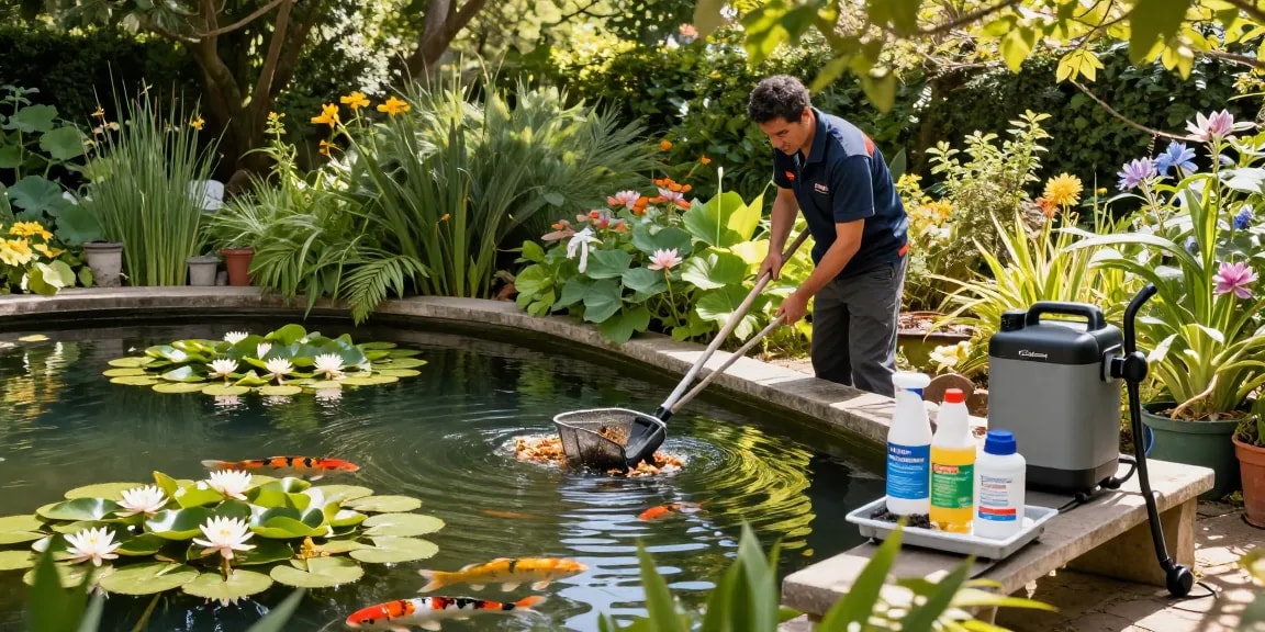 Pond Cleaning Surrey professional cleaning a serene garden pond, showcasing vibrant nature and maintenance tools.