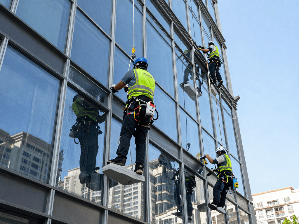 Professionelle Glasreinigung Dortmund durch erfahrene Reinigungskräfte an Gebäude mit modernem Equipment und umweltfreundlichen Reinigungsmitteln.