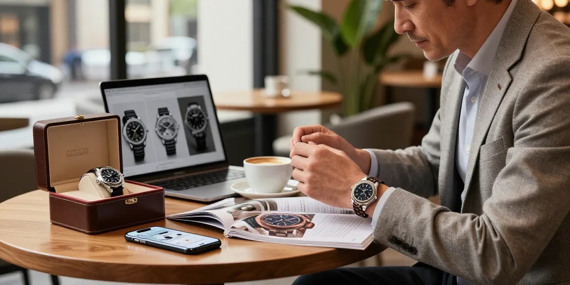 Examining a premium replica watch in an upscale coffee shop, showcasing luxury lifestyle.