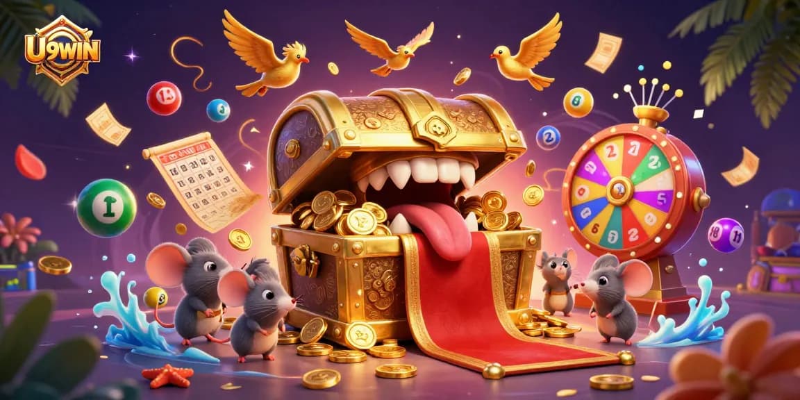 Win big with the U9WIN treasure chest luring adventurer mice amidst a colorful lottery scene.