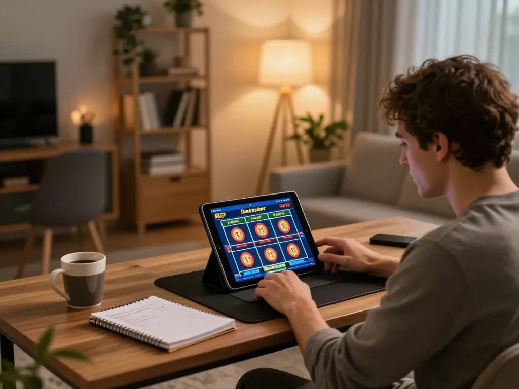Engaging home gaming scene with a tablet showcasing Rtp Dewapoker, highlighting online betting strategies and statistics.